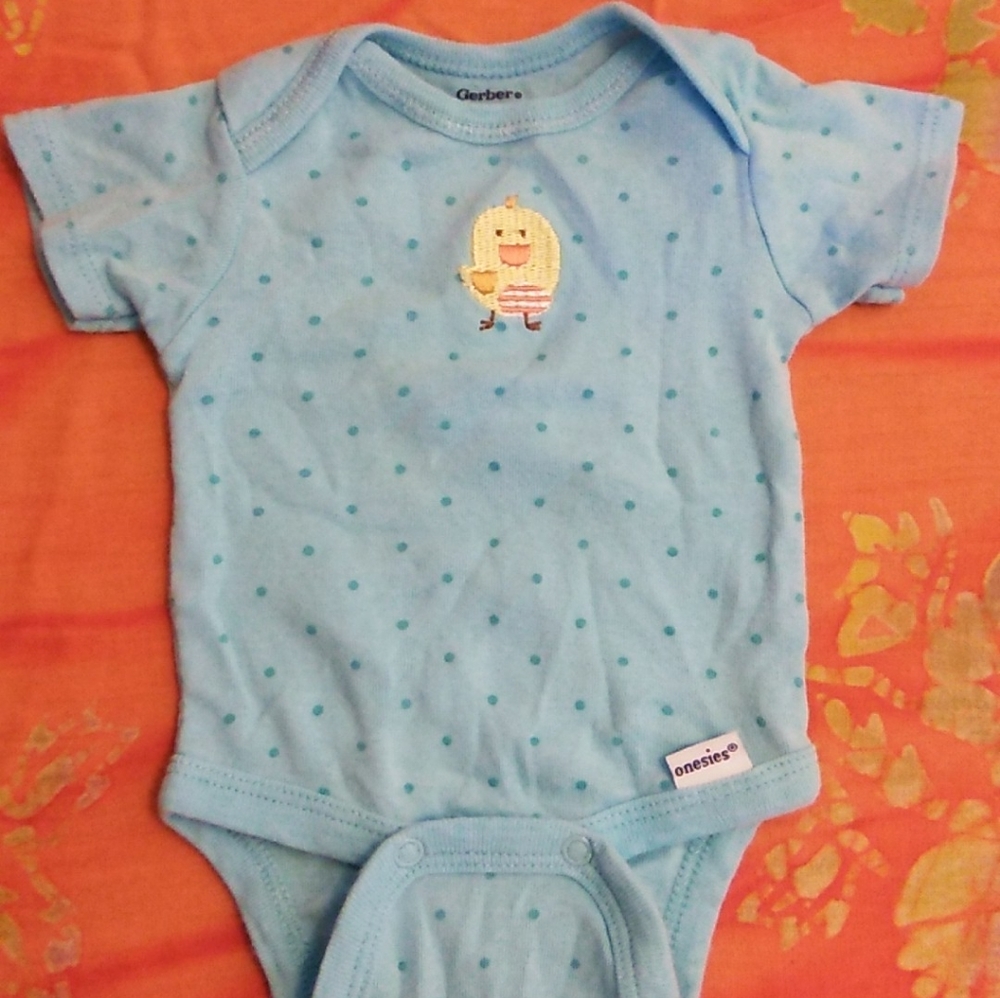 Blue short sleeve onesie with embroiderd bird